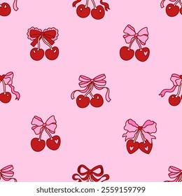 Seamless pattern of coquette bows with cherry berries. Pink background with festive decorative elements for wedding, birthday, valentine day. Vintage hand drawn illustration