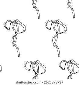 Patrón sin fisuras con arcos coquetas, Ilustración vectorial de contorno blanco negro dibujado a mano. Cintas de satén, nudos decorativos repiten el fondo para el embalaje vintage, papelería, diseño textil.