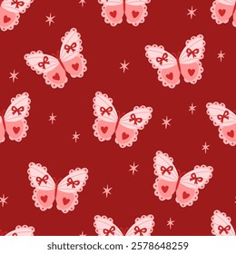 Seamless pattern of coquette butterfly with decorative elements hearts, bows, lace, ribbon, stars. Colorful pretty charming insect moth. Flat vector illustration on red background. Bohemian vintage