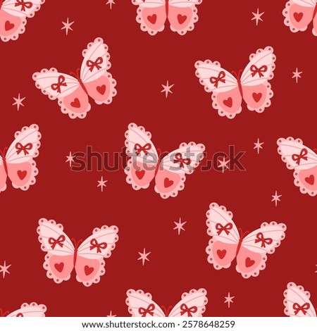 Seamless pattern of coquette butterfly with decorative elements hearts, bows, lace, ribbon, stars. Colorful pretty charming insect moth. Flat vector illustration on red background. Bohemian vintage