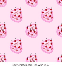 Seamless pattern of coquette cake decorated with cream, red bow, cherry berry, beads. Background with vintage heart shaped cake for wedding or birthday, valentine day