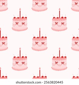 Seamless pattern of coquette cake decorated with cream, red bow, cherry berry, beads. Background with vintage sweet cake for wedding or birthday, valentine day