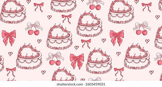 Seamless pattern with coquette cakes cherry, bows. Hand drawn vintage background with girly aesthetic element for Valentine's day, wedding, birthday. Trendy print for wrapping paper, fabric, textile.
