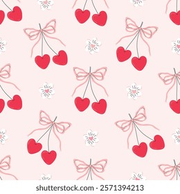 Seamless pattern with coquette cherries and bows, Valentine's day charming wallpaper, romantic background