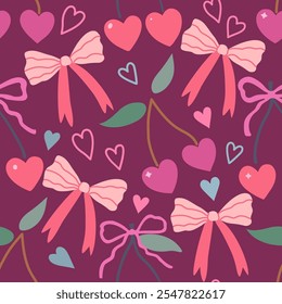 Seamless pattern with coquette cherry and bows. Hart-shaped berries with ribbons. Romantic trendy hand-drawn vector illustration.
