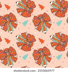 Seamless Pattern Coquette Groovy Christmas Pencils Bow Festive Doodle isolated on background