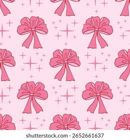Seamless pattern in coquette hand-drawn style with pink background, ribbon bow, and tiny star in polka dot layout. Lovely and soft design ideal for textiles, packaging, and girly-themed prints.