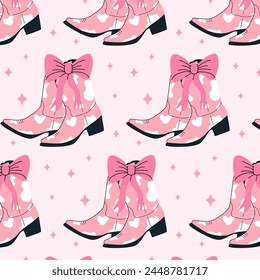 Seamless pattern with coquette pink boots and bows. Gift ribbons in hand drawn and flat styles. Fashionable vector illustration. Coquette core cute design. Girly western in flat vector illustration. 