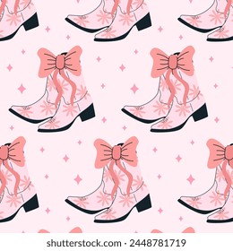 Seamless pattern with coquette pink boots and bows. Gift ribbons in hand drawn and flat styles. Fashionable vector illustration. Coquette core cute design. Girly western in flat vector illustration. 