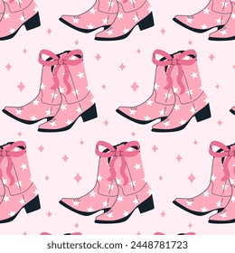 Patrón sin costuras con botas y arcos de color rosa coqueta. Cintas de regalo en estilos dibujados a mano y planos. Ilustración vectorial de moda. Coqueta núcleo lindo diseño. Chica occidental en Ilustración vectorial plana. 