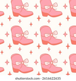 Seamless pattern with coquette pink boots and bows. Gift ribbons in hand drawn and flat styles. Fashionable vector illustration. Coquette core cute design. Girly western in flat vector illustration.