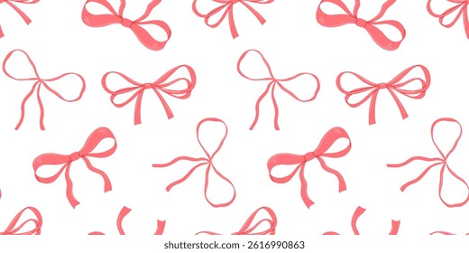 Seamless pattern with coquette pink bow flat isolated drawings, vector illustration