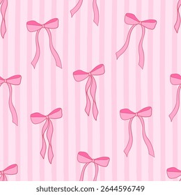 Seamless pattern with coquette pink bow knot on striped pink background. Trendy hair braiding accessory. Editable vector illustration for wrapping paper, packaging, fabric, room decor, phone case etc.
