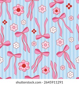 Seamless pattern with coquette pink bow knot on striped background. Trendy hair braiding accessory with decorative flower. Vector for wrapping paper, packaging, fabric, room decor, phone case etc.