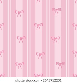 Seamless pattern with coquette pink bow knot on striped pink background. Trendy hair braiding accessory. Editable vector illustration for wrapping paper, packaging, fabric, room decor, phone case etc.