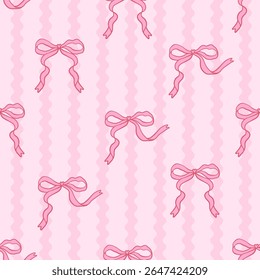 Padrão sem costura com nó de arco rosa coquette no fundo rosa listrado ondulado. Acessório de trançada de cabelo moderno. Ilustração vetorial editável para papel de embrulho, embalagem, tecido, caso de telefone 
