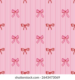 Seamless pattern with coquette pink and red bow knot on striped pink background. Trendy hair braiding accessory. Editable vector for wrapping paper, packaging, fabric, room decor, phone ca