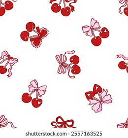 Seamless pattern of coquette pretty charming bows with cherry berries. Background with festive decorative elements for wedding, birthday, valentine day. Vintage hand drawn illustration