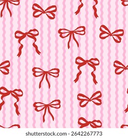Seamless pattern with coquette red bow knot on wavy striped pink background. Trendy hair braiding accessory. Editable vector illustration for wrapping paper, packaging, fabric, phone case etc.