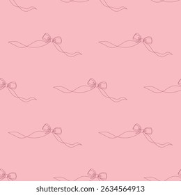 Seamless Pattern with Coquette Ribbon Bow on Pink Background. One Continuous Line Drawing. Romantic Minimalist Whimsy Aesthetic template. Vector Illustration in Simple Linear Style