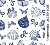 Seamless pattern coquette seashell and ribbon bow isolated on white background. Vector illustration.