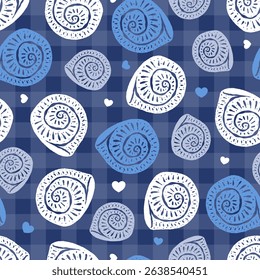 Seamless pattern coquette seashell and ribbon bow on color background. Vector illustration.