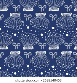 Seamless pattern coquette seashell and ribbon bow on color background. Vector illustration.