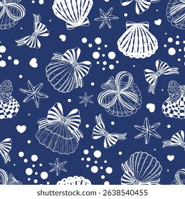Seamless pattern coquette seashell and ribbon bow on color background. Vector illustration.