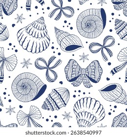 Seamless pattern coquette seashell and ribbon bow isolated on white background. Vector illustration.