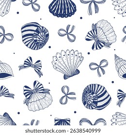 Seamless pattern coquette seashell and ribbon bow isolated on white background. Vector illustration.