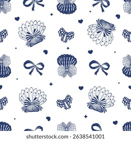 Seamless pattern coquette seashell and ribbon bow isolated on white background. Vector illustration.