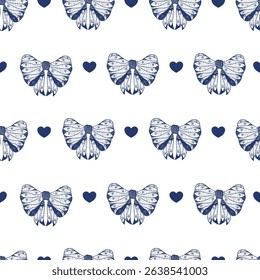 Seamless pattern coquette seashell and ribbon bow isolated on white background. Vector illustration.