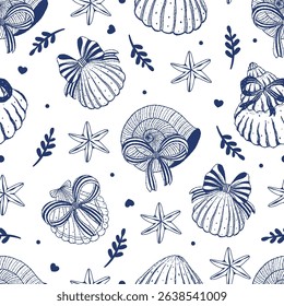 Seamless pattern coquette seashell and ribbon bow isolated on white background. Vector illustration.
