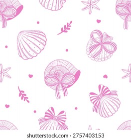 Seamless pattern coquette seashell and ribbon bow. Vector illustration.
