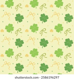 Seamless Pattern Coquette St Patricks Day four Leaf Clover with Bow Retro wallpaper Isolated on Background