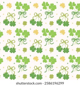 Seamless Pattern Coquette St Patricks Day Lucky  four Leaf Clover with Bow Retro Cherry liked Isolated on Background