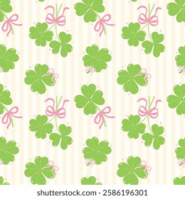 Seamless Pattern Coquette St Patricks Day four Leaf Clover with Ribbon Bow Isolated on Background