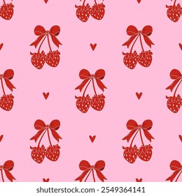 Seamless pattern with coquette strawberries on pink background. Trendy preppy design. Strawberry with bow and heart. Editable vector illustration for wrapping paper, packaging, fabric, room decor, pho