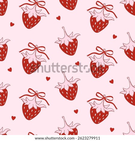 Seamless pattern with coquette strawberries on pink background. Preppy design. Strawberry with bow and heart. Editable vector illustration for wrapping paper, packaging, fabric, room decor etc