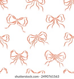 Seamless pattern of coquette vintage narrow ribbon bows. Charming cute vintage bows aesthetic. Vector illustration.