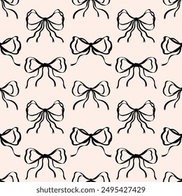 Seamless pattern of coquette vintage narrow ribbon bows. Charming cute vintage bows aesthetic. Vector illustration.