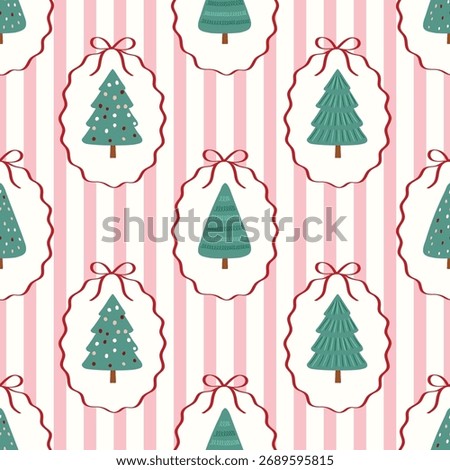 Seamless pattern in coquette-style Christmas trees in decorative oval frames tied with red bows, on pink and white vertical stripes.  for Christmas holiday paper, textile, digital work.