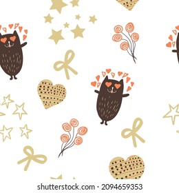 Seamless pattern, with coral and brown color, with a cat in love, stars, decorative hearts, bows, bouquets, Valentine's Day, marriage proposal
