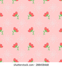 Seamless pattern with coral flower on a green stem and dots on a light pink background