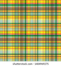 Seamless pattern in coral, green and yellow cells, checkered print, tartan, vector. Great for decorating fabrics, textiles, gift wrapping design, any printed materials, advertising, or other design.
