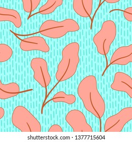 Seamless pattern with coral leaves on mint. Hand-drawn floral print