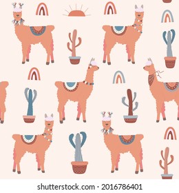 seamless pattern of coral llama with multi-colored rugs with a pattern on the back and decorations on the necks and blue and coral cacti in pots with ethno pattern and rainbows on a light background