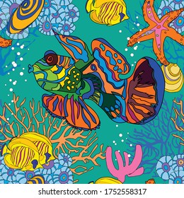 Seamless pattern with coral, mandarinfish, starfish, shells and blue-cheeked butterflyfish. Great for fabric, textile, wallpaper, packaging. Vector illustration.