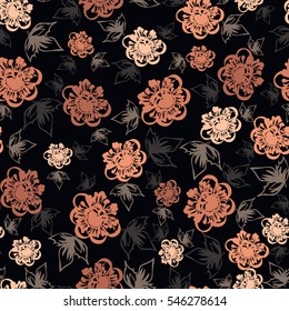 Seamless pattern of coral peony. Summer flowers. Floral seamless dark background for textile or book covers, manufacturing, wallpapers, print, gift wrap and scrapbooking.