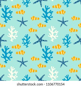 Seamless pattern with coral reef, anemone fish and starfish. Underwater background.
